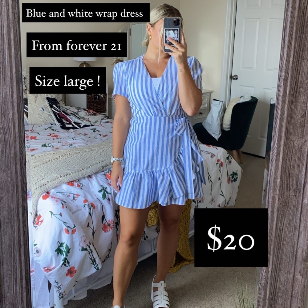 Blue & white pinstripe wrap dress